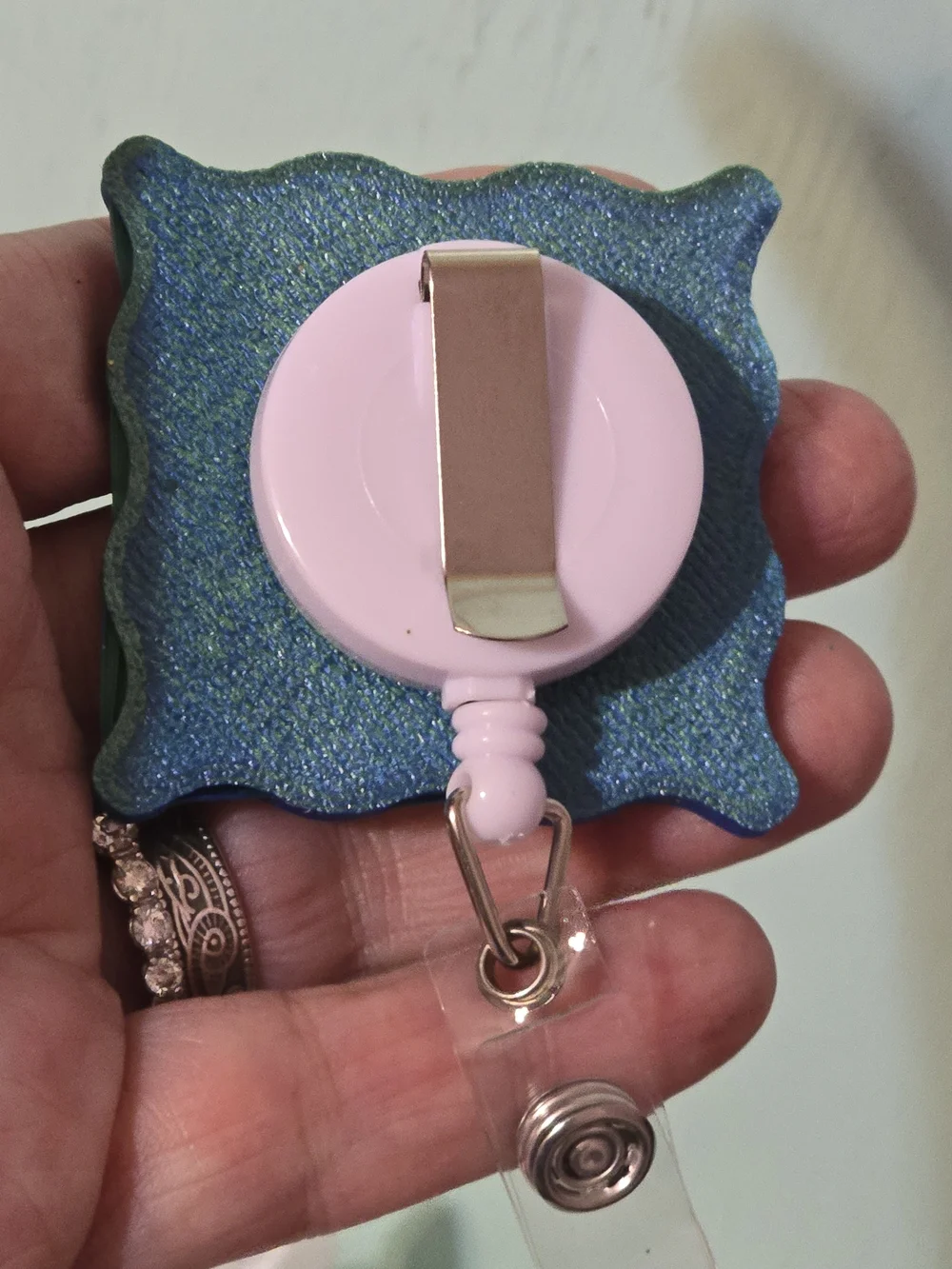 Handcrafted School Apple Badge Reel — Teal, Red, Yellow Accents